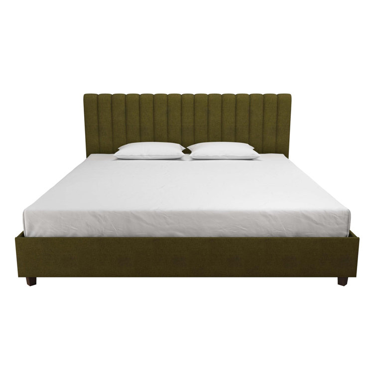 King Green Linen Upholstered Platform Bed with Oak Legs
