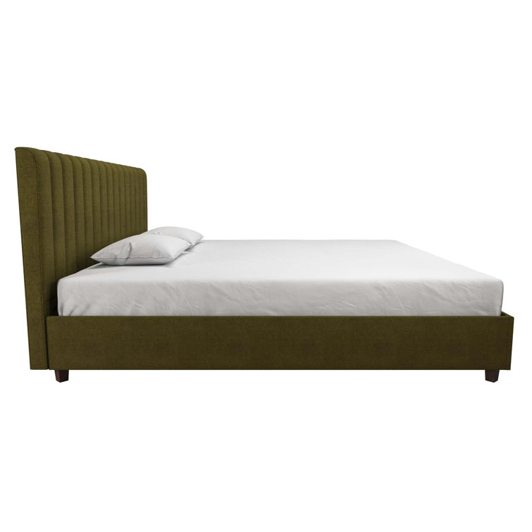 King Green Linen Upholstered Platform Bed with Oak Legs