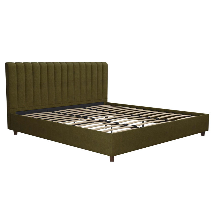 King Green Linen Upholstered Platform Bed with Oak Legs