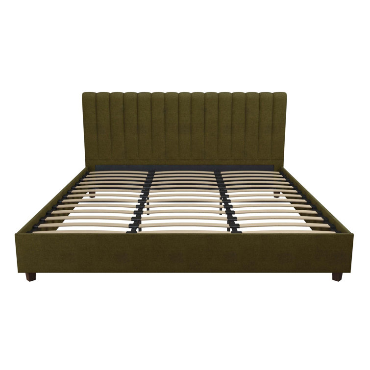 King Green Linen Upholstered Platform Bed with Oak Legs