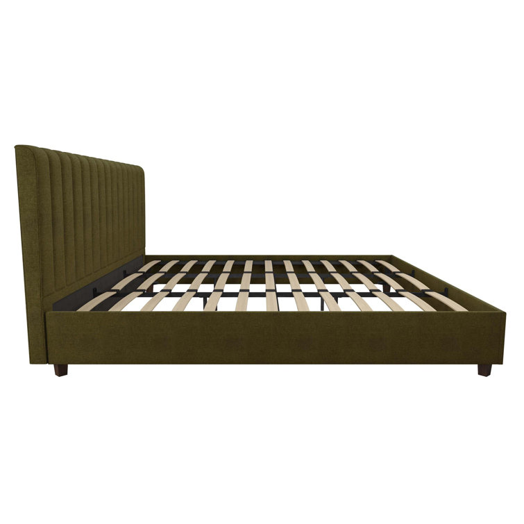 King Green Linen Upholstered Platform Bed with Oak Legs