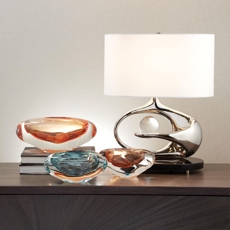Sleek Orbit Nickel Table Lamp with White Drum Shade and Crystal Accent
