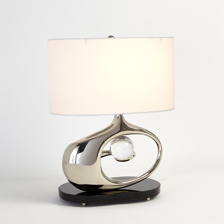 Sleek Orbit Nickel Table Lamp with White Drum Shade and Crystal Accent