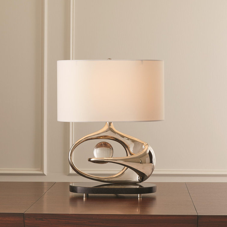 Sleek Orbit Nickel Table Lamp with White Drum Shade and Crystal Accent