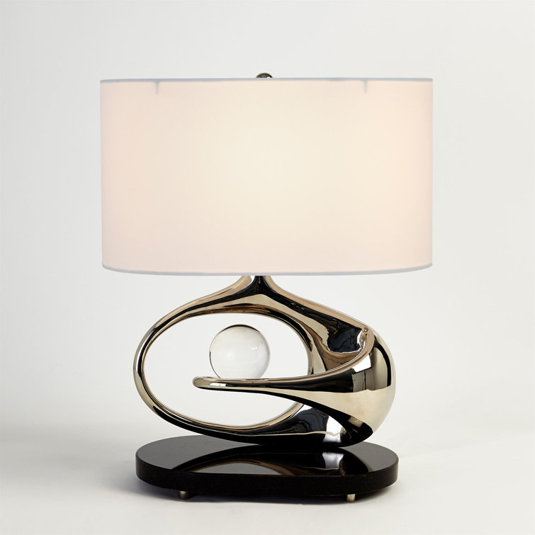 Sleek Orbit Nickel Table Lamp with White Drum Shade and Crystal Accent