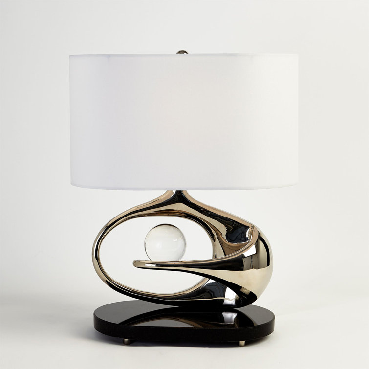 Sleek Orbit Nickel Table Lamp with White Drum Shade and Crystal Accent