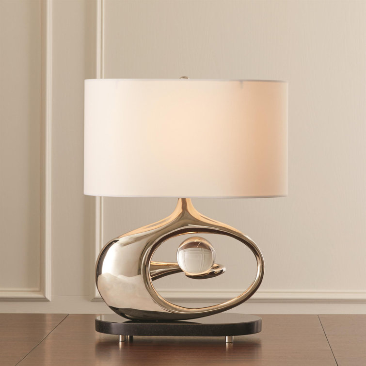 Sleek Orbit Nickel Table Lamp with White Drum Shade and Crystal Accent