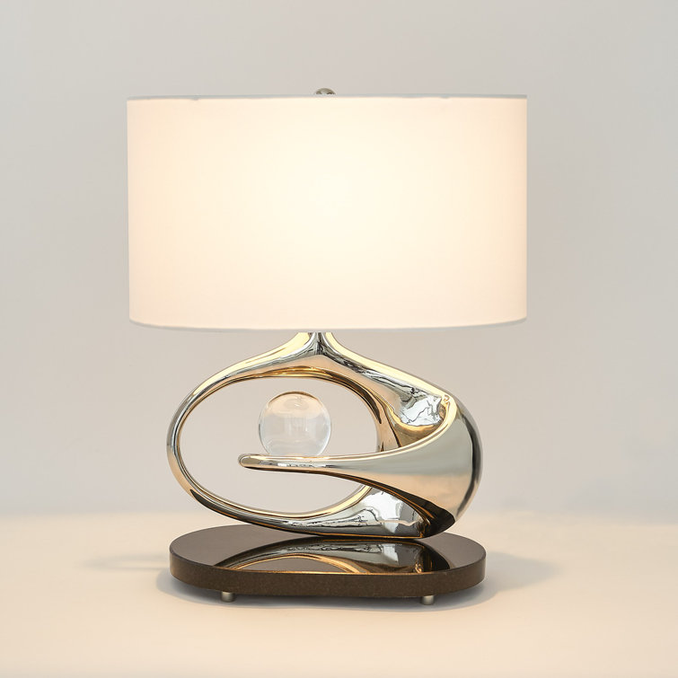 Sleek Orbit Nickel Table Lamp with White Drum Shade and Crystal Accent