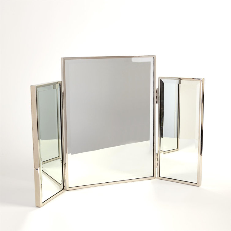 Nickel Tri-Fold Vanity Mirror with Brass Trim