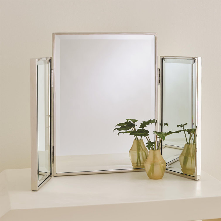 Nickel Tri-Fold Vanity Mirror with Brass Trim