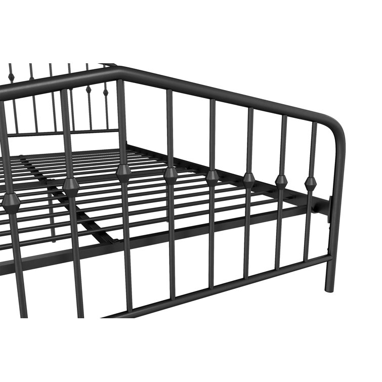 King-Sized Black Pine and Metal Upholstered Bed with Storage Drawer