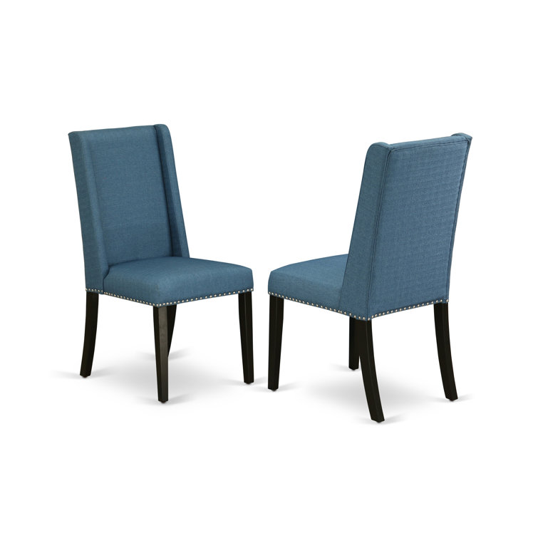 Distressed Jacobean Solid Wood Dining Set with Blue Upholstered Chairs