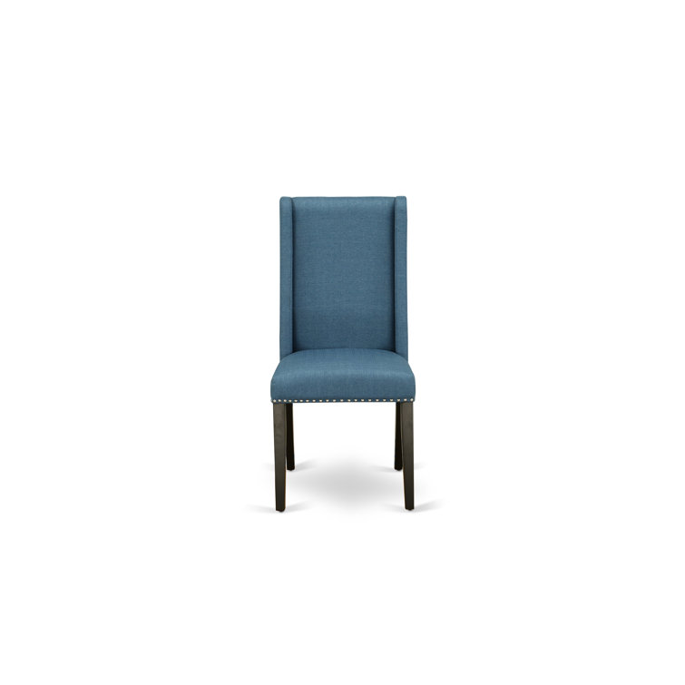 Distressed Jacobean Solid Wood Dining Set with Blue Upholstered Chairs