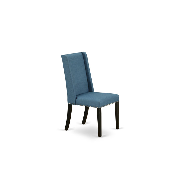 Distressed Jacobean Solid Wood Dining Set with Blue Upholstered Chairs