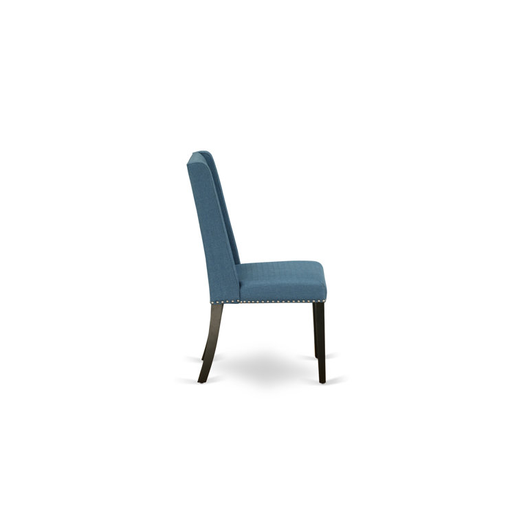 Distressed Jacobean Solid Wood Dining Set with Blue Upholstered Chairs