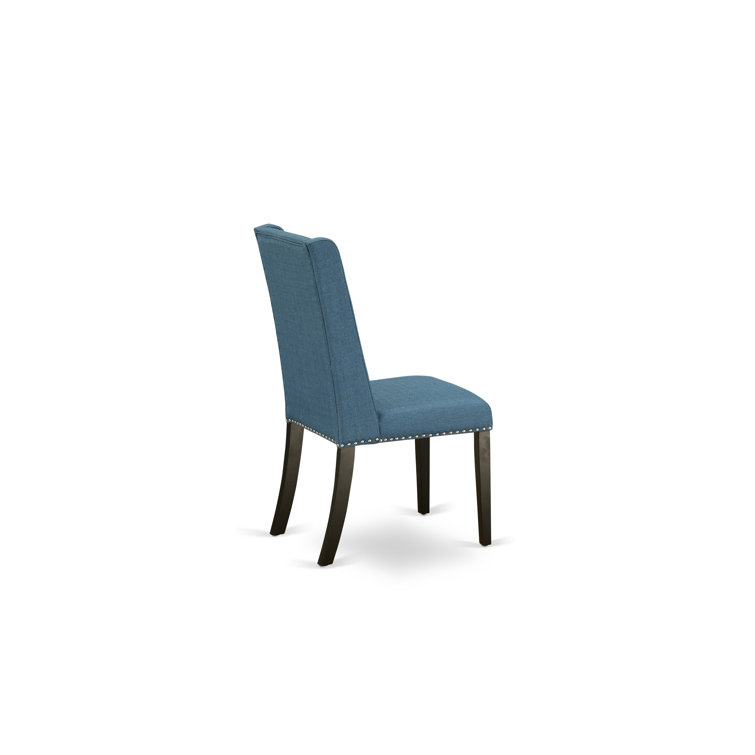 Distressed Jacobean Solid Wood Dining Set with Blue Upholstered Chairs