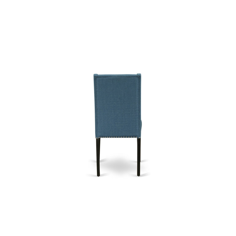 Distressed Jacobean Solid Wood Dining Set with Blue Upholstered Chairs