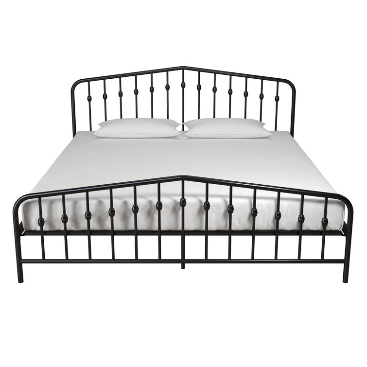 King-Sized Black Pine and Metal Upholstered Bed with Storage Drawer
