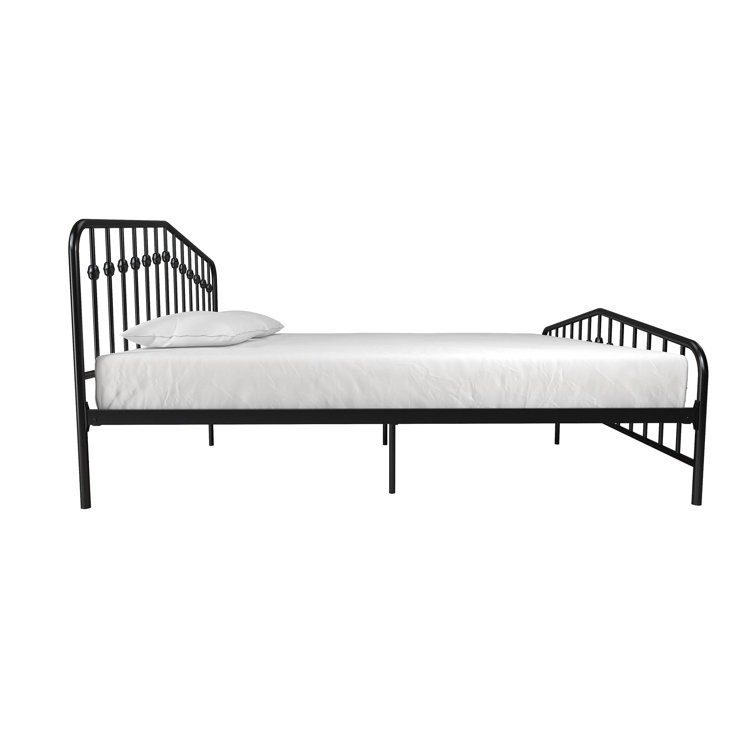 King-Sized Black Pine and Metal Upholstered Bed with Storage Drawer