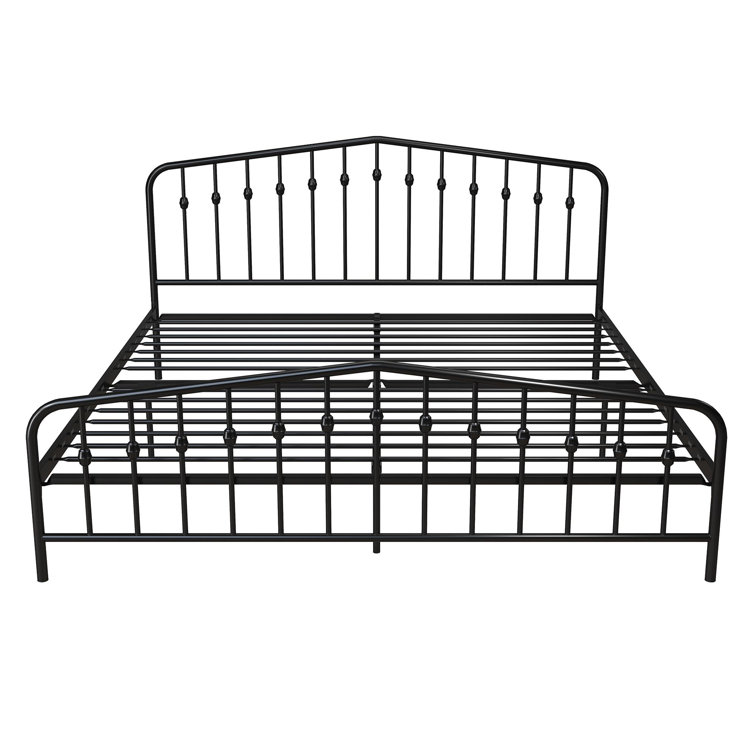 King-Sized Black Pine and Metal Upholstered Bed with Storage Drawer