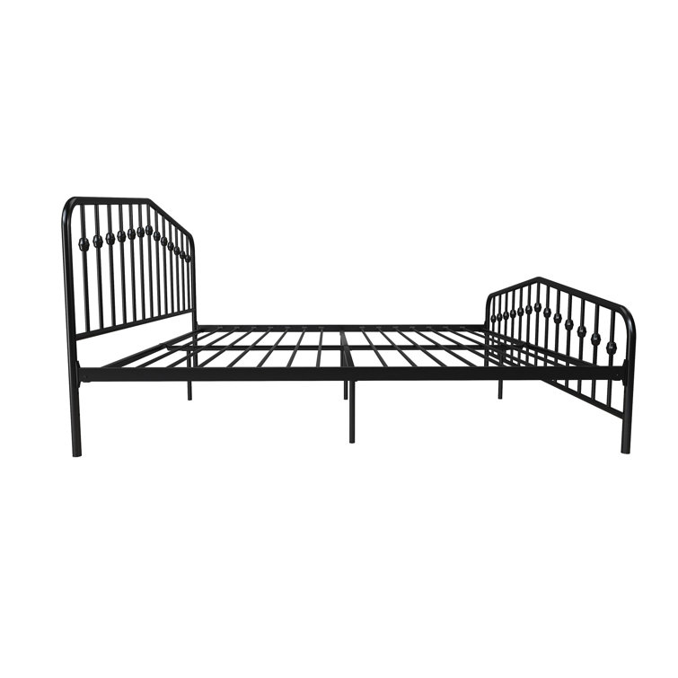 King-Sized Black Pine and Metal Upholstered Bed with Storage Drawer