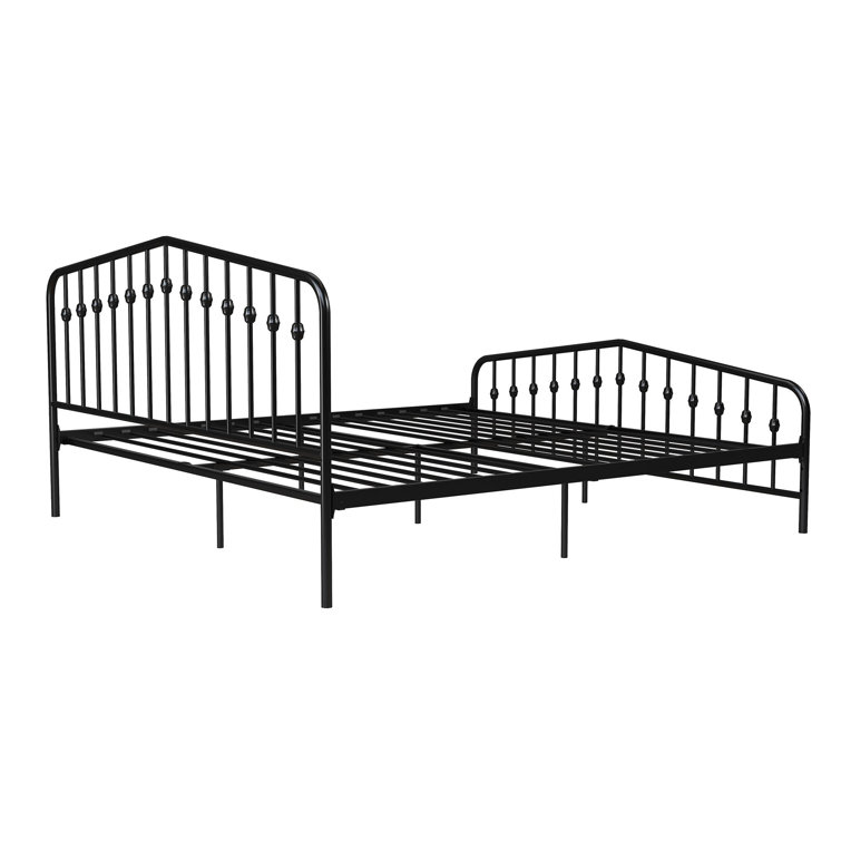 King-Sized Black Pine and Metal Upholstered Bed with Storage Drawer