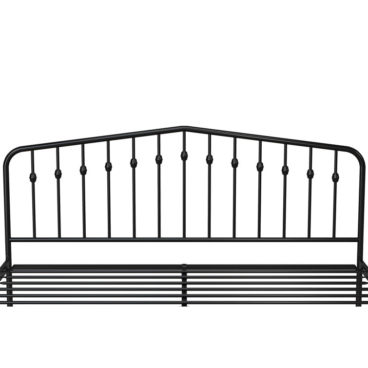 King-Sized Black Pine and Metal Upholstered Bed with Storage Drawer