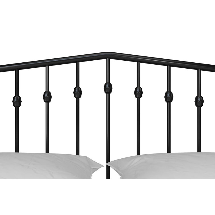 King-Sized Black Pine and Metal Upholstered Bed with Storage Drawer