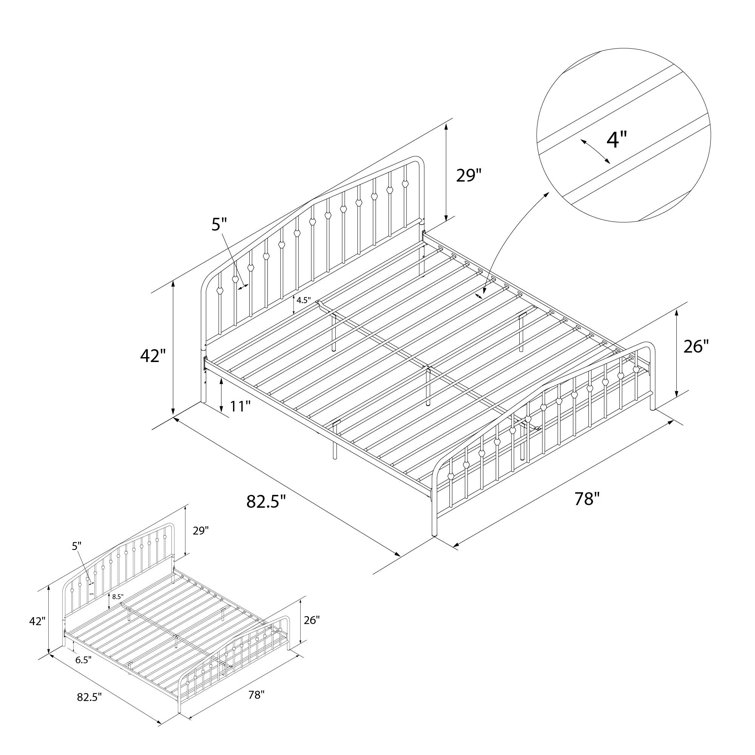 King-Sized Black Pine and Metal Upholstered Bed with Storage Drawer
