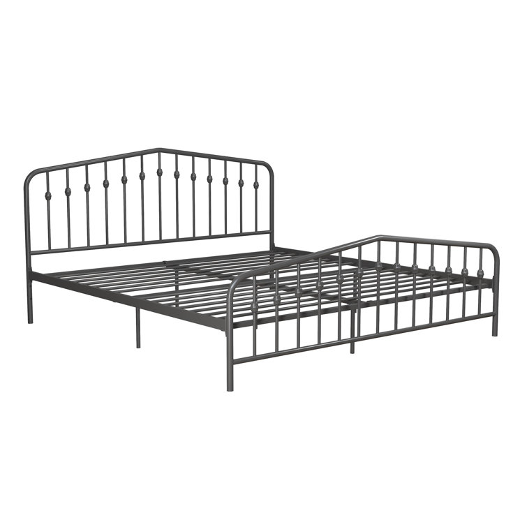 King-Size Gunmetal Gray Metal Bed with Upholstered Headboard and Storage Drawer