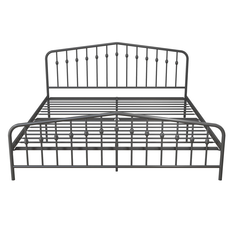 King-Size Gunmetal Gray Metal Bed with Upholstered Headboard and Storage Drawer