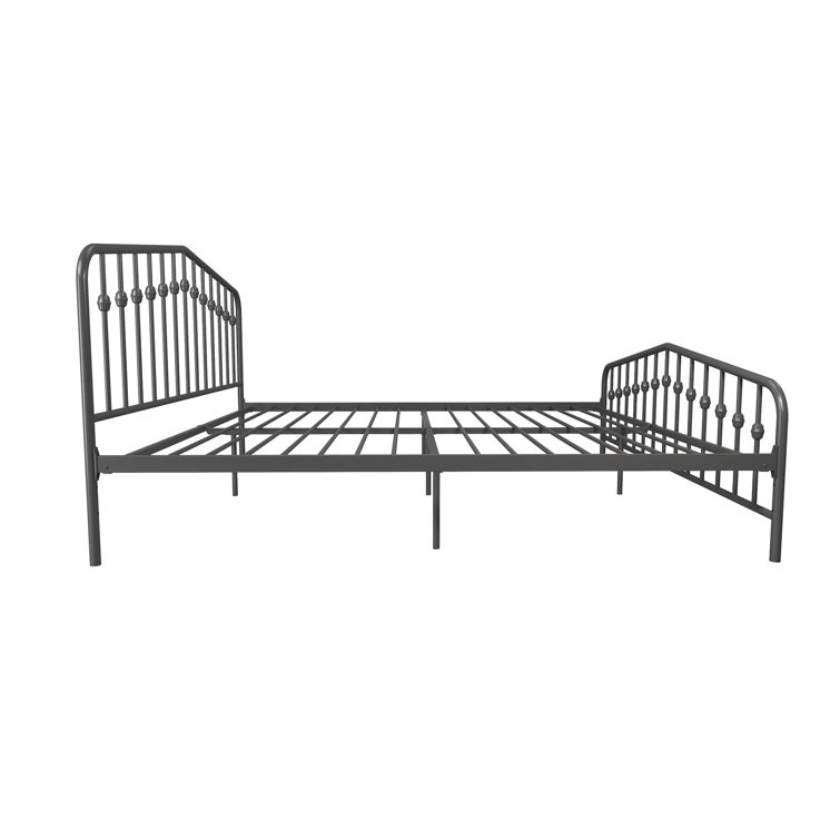 King-Size Gunmetal Gray Metal Bed with Upholstered Headboard and Storage Drawer