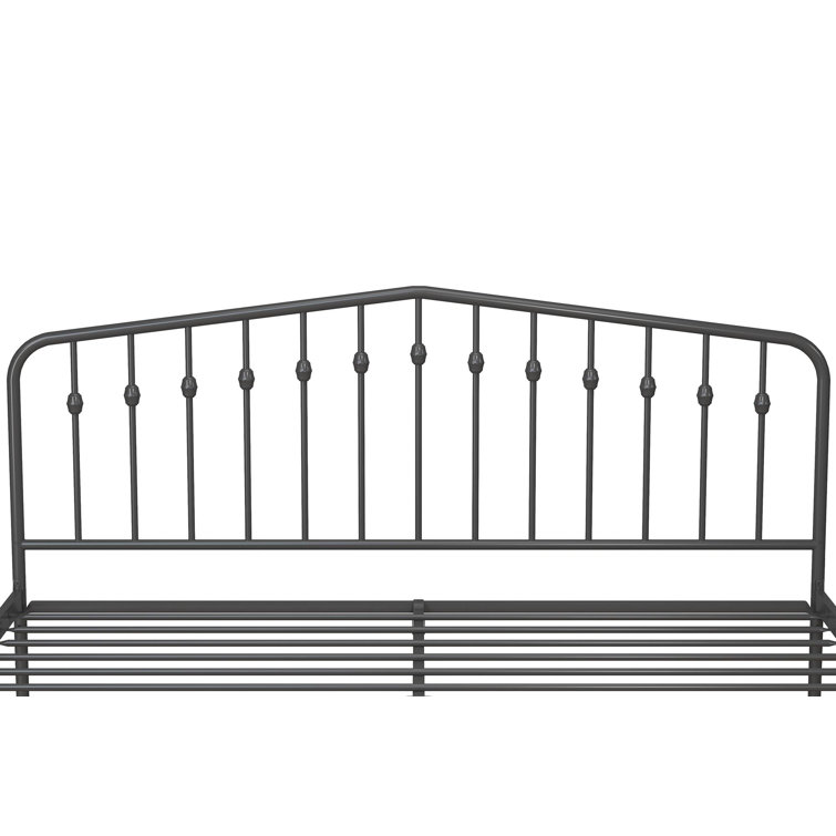King-Size Gunmetal Gray Metal Bed with Upholstered Headboard and Storage Drawer