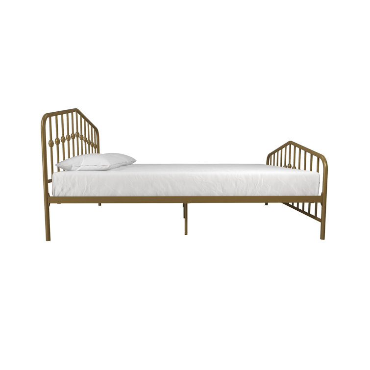 Bushwick Queen Gold Metal Platform Bed with Round Finials and Storage Drawer