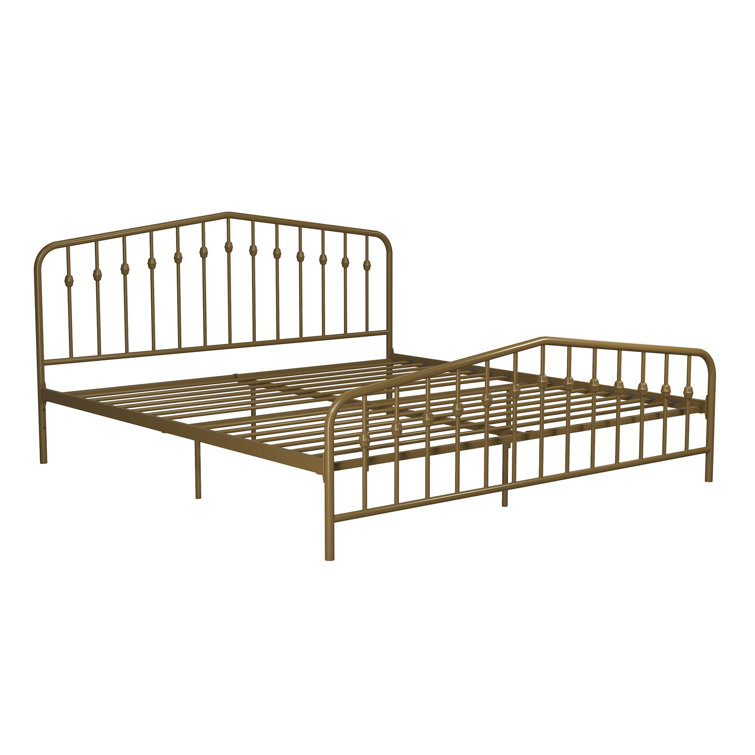 Bushwick Queen Gold Metal Platform Bed with Round Finials and Storage Drawer