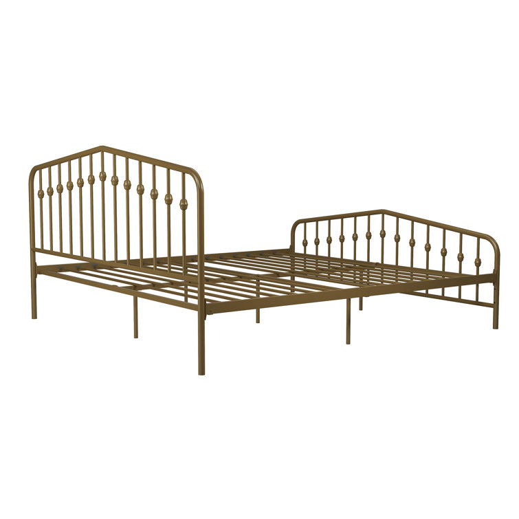 Bushwick Queen Gold Metal Platform Bed with Round Finials and Storage Drawer