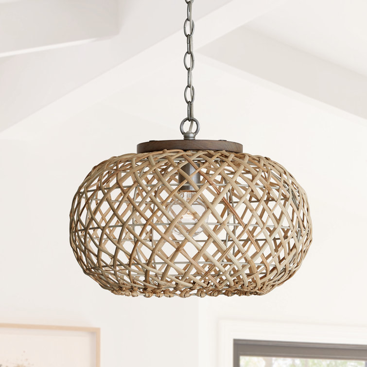 Hand-Woven Rattan and Antique Nickel Pendant Light
