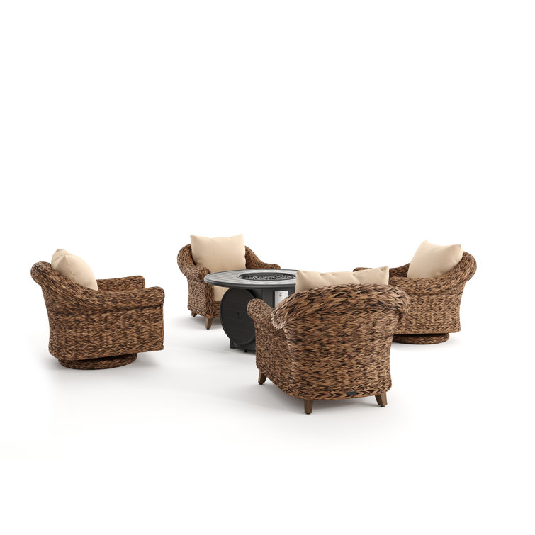 Heritage Brown Wicker 5 Piece Outdoor Seating Group with Fire Pit