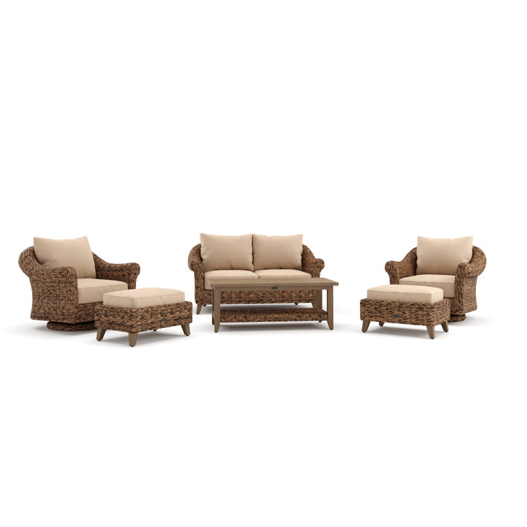 Heritage Brown Wicker 6-Piece Outdoor Seating Set with Beige Cushions