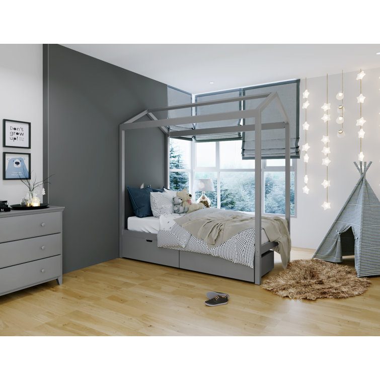 Gray Twin Pine Wood Canopy Bed with Storage Drawers