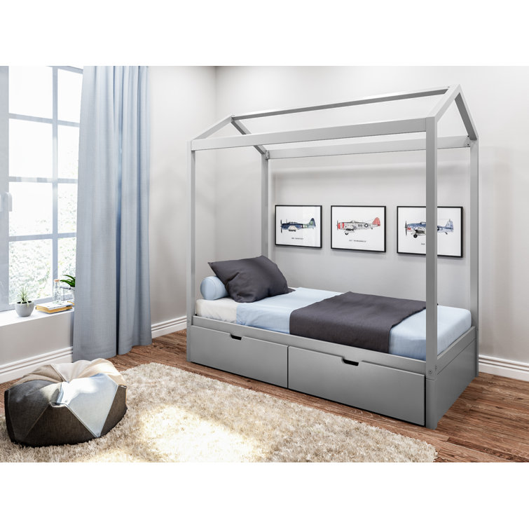Gray Twin Pine Wood Canopy Bed with Storage Drawers