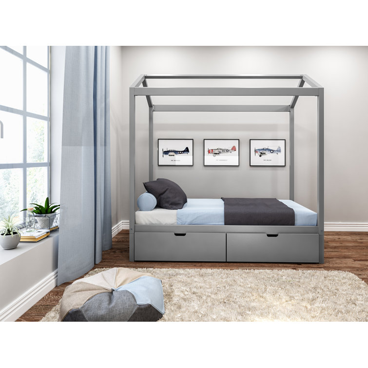 Gray Twin Pine Wood Canopy Bed with Storage Drawers