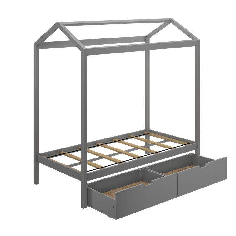 Gray Twin Pine Wood Canopy Bed with Storage Drawers