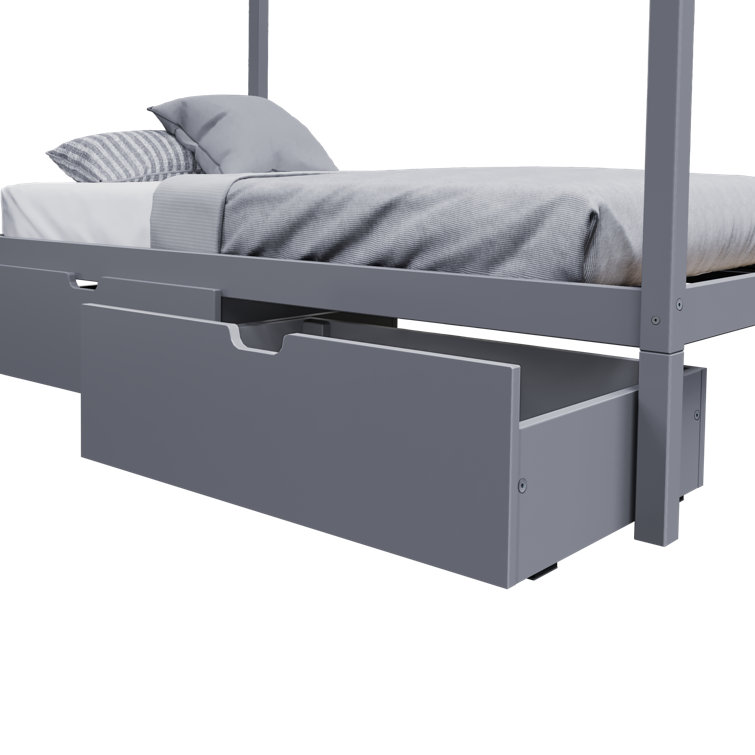 Gray Twin Pine Wood Canopy Bed with Storage Drawers