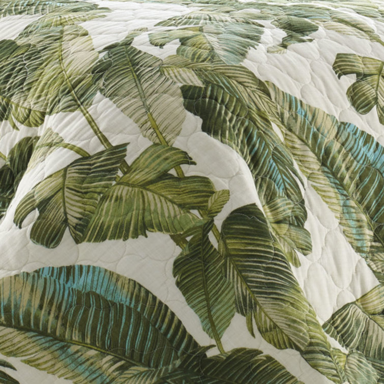 Twin White Cotton Reversible Quilt Set with Green Palm Design