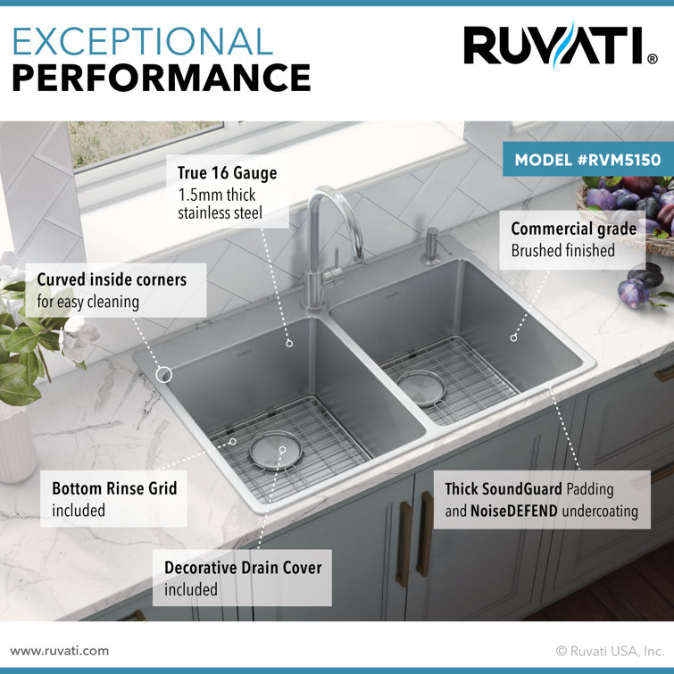 Ruvati 37" Stainless Steel Double Bowl Drop-In Kitchen Sink