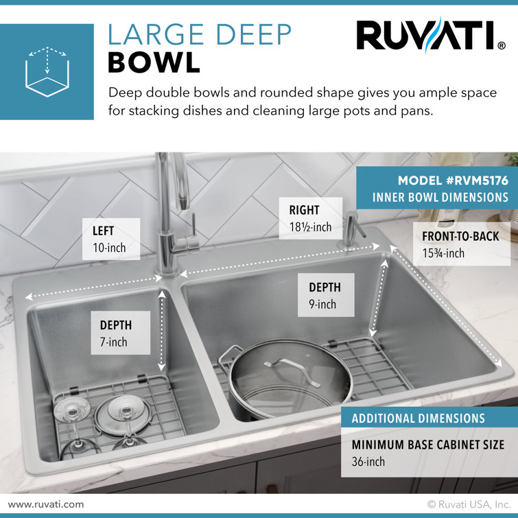 Ruvati 37" Stainless Steel Drop-In Double Bowl Kitchen Sink