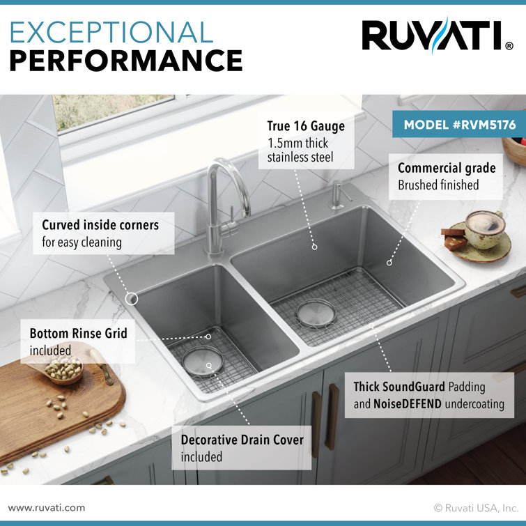 Ruvati 37" Stainless Steel Drop-In Double Bowl Kitchen Sink