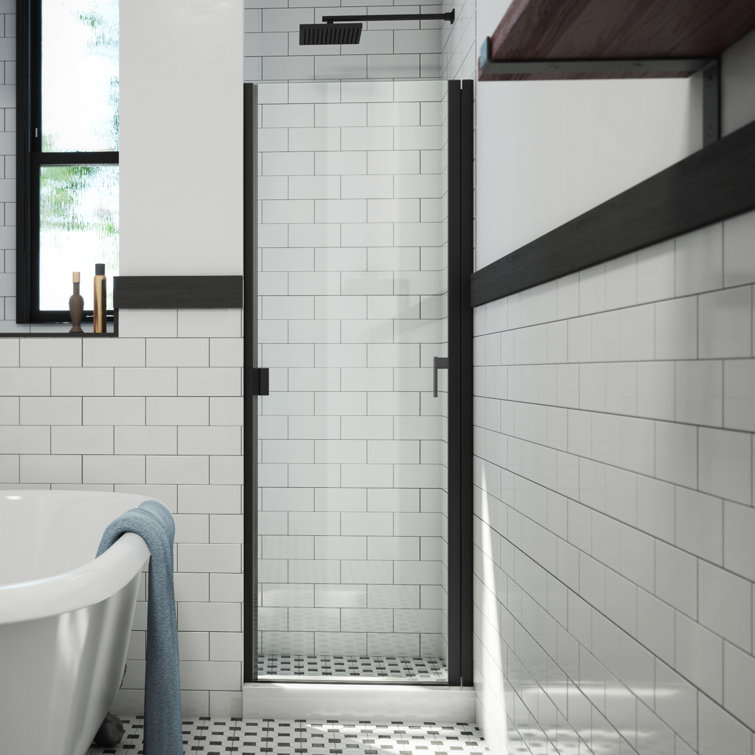 Matte Black 34" x 66" Hinged Semi-Frameless Shower Door with Clear Glass