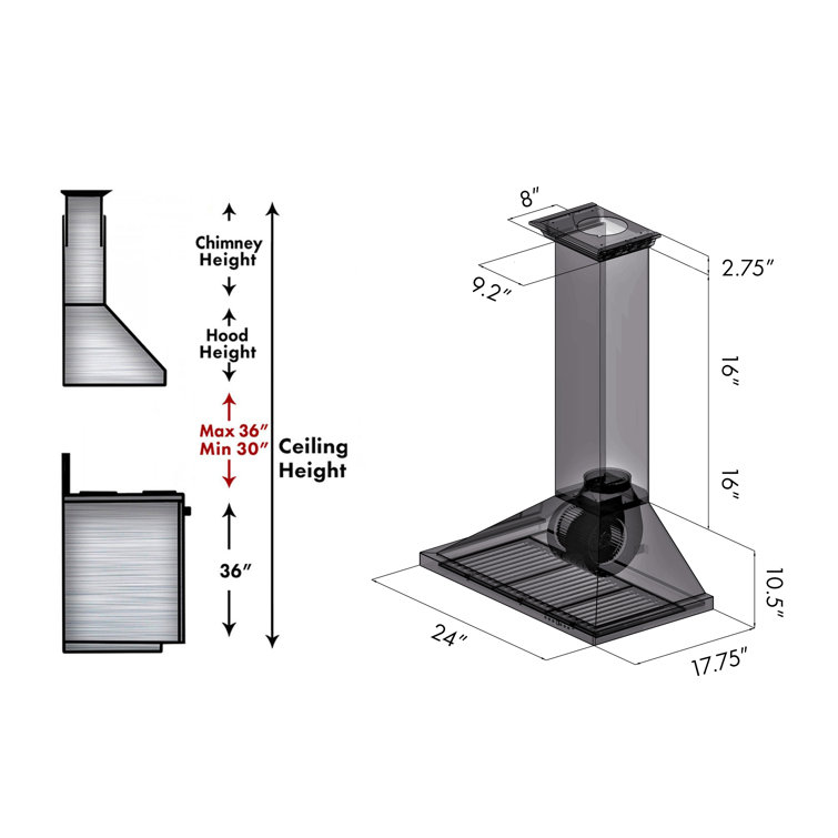 24" Stainless Steel Convertible Wall Mount Range Hood with Charcoal Filter